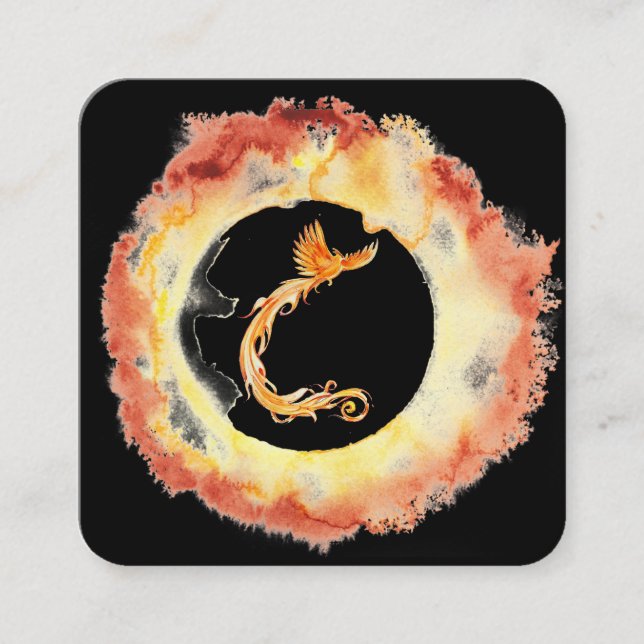 *~* Orange Red Flame Phoenix Ring of Fire Black Fyrkantigt Visitkort (Framsida)