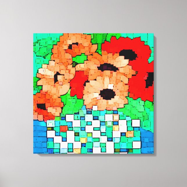 Orange Red Flowers Pixel Art Wrapped Canvas (Framsida)