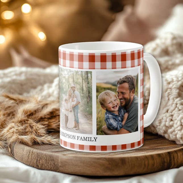 Orange-Red Gingham 3 Photo Kaffemugg (Yellow Red-Orange 3 Photo Mug)