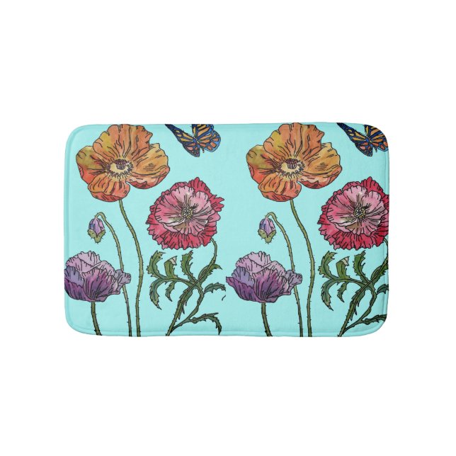Orange Red Gult Poppies blommigt blommor Bath Mat Badrumsmatta (Framsidan)
