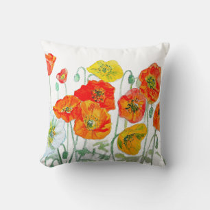Orange Red Gult Poppy Watercolor Cushion White Kudde