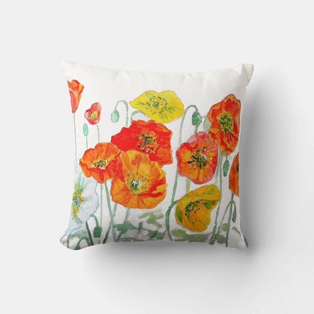 Orange Red Gult Poppy Watercolor Cushion White Kudde (Framsida)