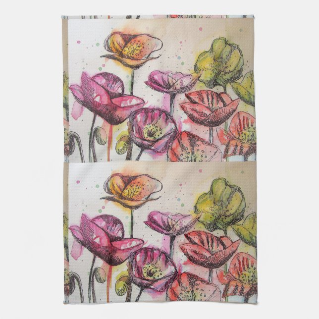 Orange Red Gult Poppy Watercolor Tea Towel Kökshandduk (Vertikal)