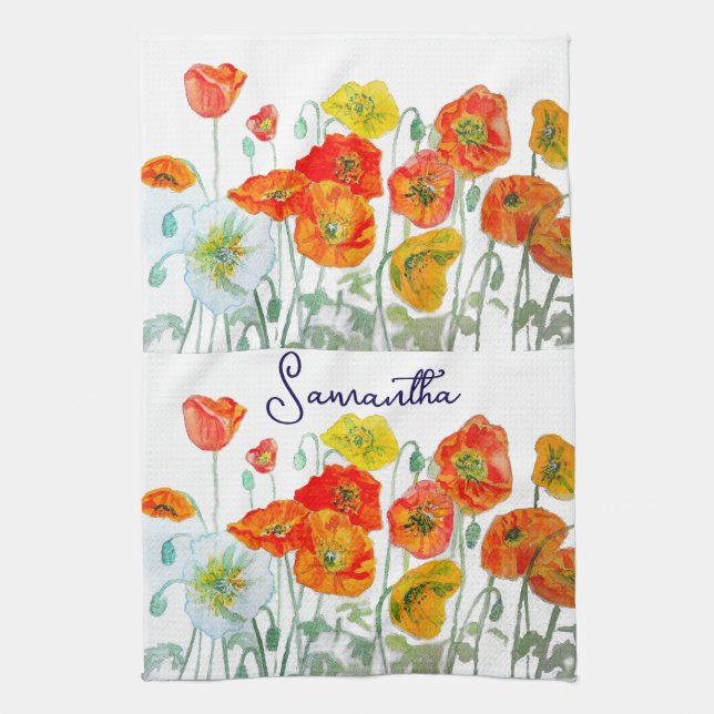Orange Red Island Poppy Flower Watercolor Art Kökshandduk (Vertikal)