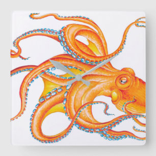 Orange Red Octopus Bläck Art Dance Fyrkantig Klocka
