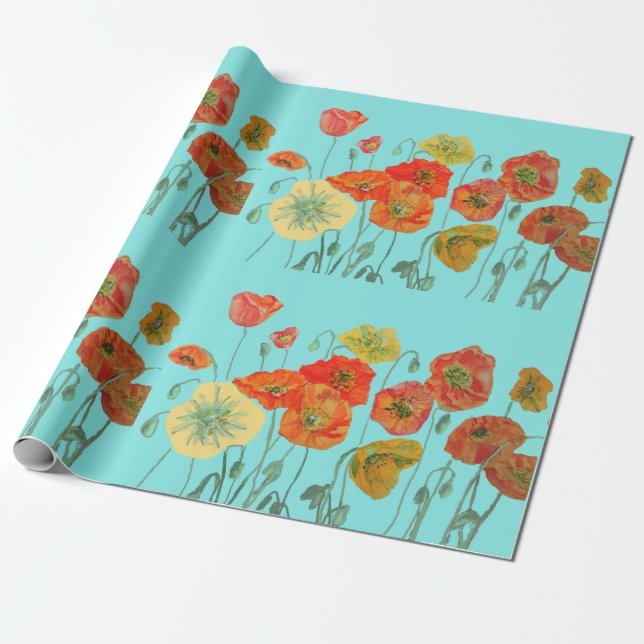 Orange Red Poppies Aqua Watercolor Wrapping Papper Presentpapper (Utrullad)