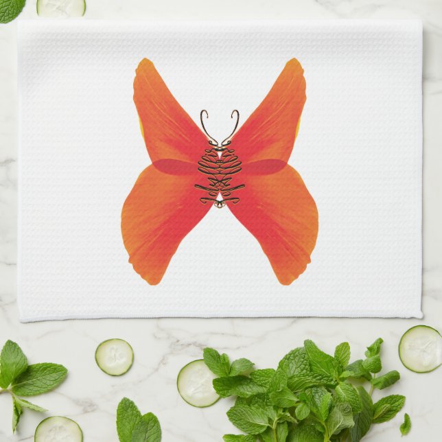 Orange Red Poppy Butterfly med ditt namn Kökshandduk (Vikta)
