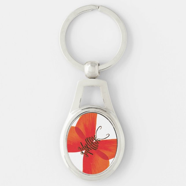 Orange Red Poppy Butterfly med ditt namn Ovalt Silverfärgad Nyckelring (Framsidan)