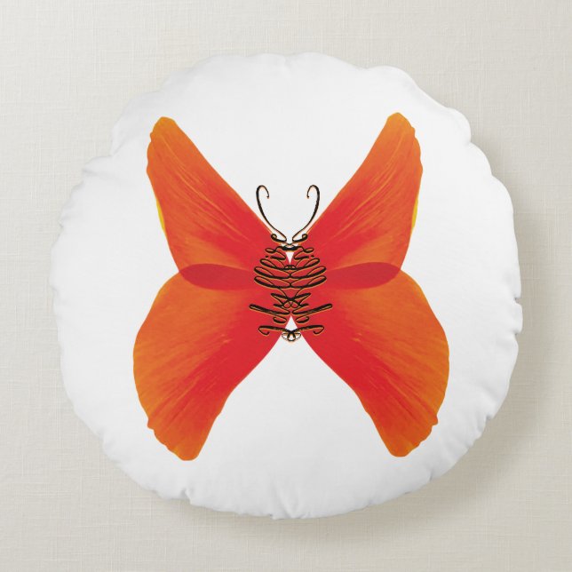 Orange Red Poppy Butterfly med ditt namn Rund Kudde (Framsidan)