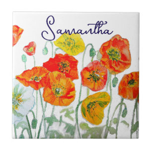 Orange Red Poppy Flower Mönster Tack Kakelplatta