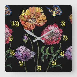 Orange Red poppy Poppies Blommigt Watercolor Black Fyrkantig Klocka