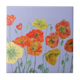 Orange Red Poppy Poppies Vattencolor Flower Lila Kakelplatta