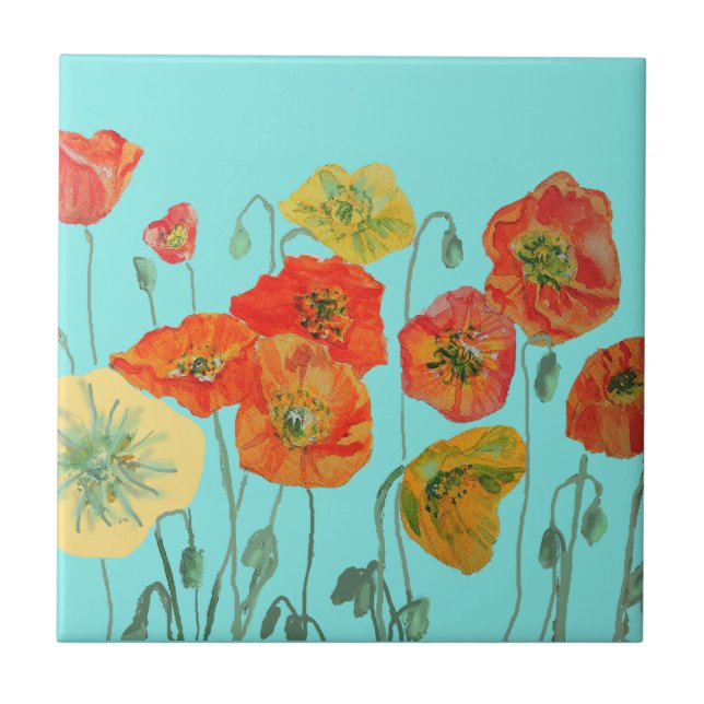 Orange Red Poppy Poppies Watercolor Flower Mönster Kakelplatta (Framsidan)