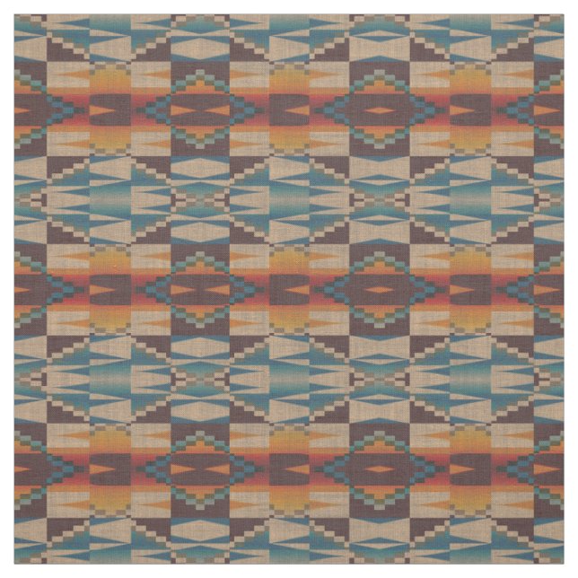 Orange Red Teal Blue Brown Aztec Mosaic Mönster Tyg (Provkarta)