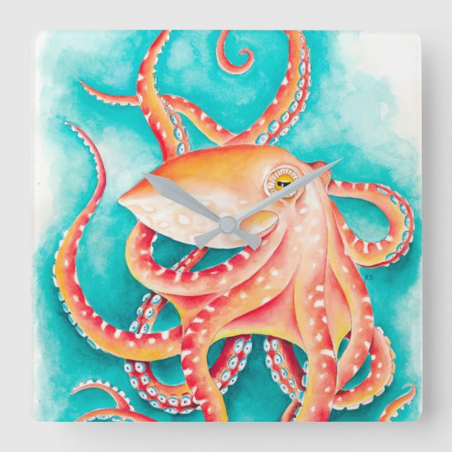 Orange Red Tentacles Octopus Watercolor Fyrkantig Klocka (Framsida)