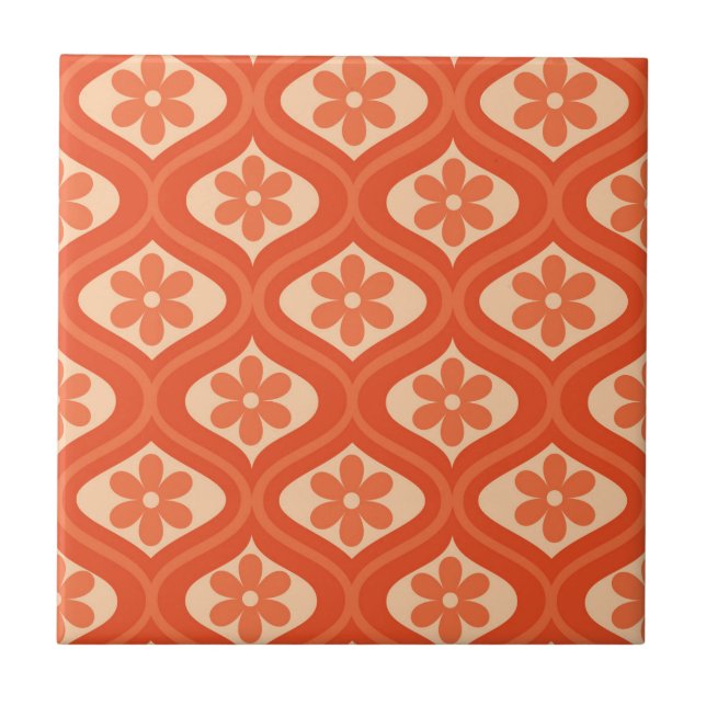 Orange retro 70-tals blomma på ogee-mönster kakelplatta (Framsidan)
