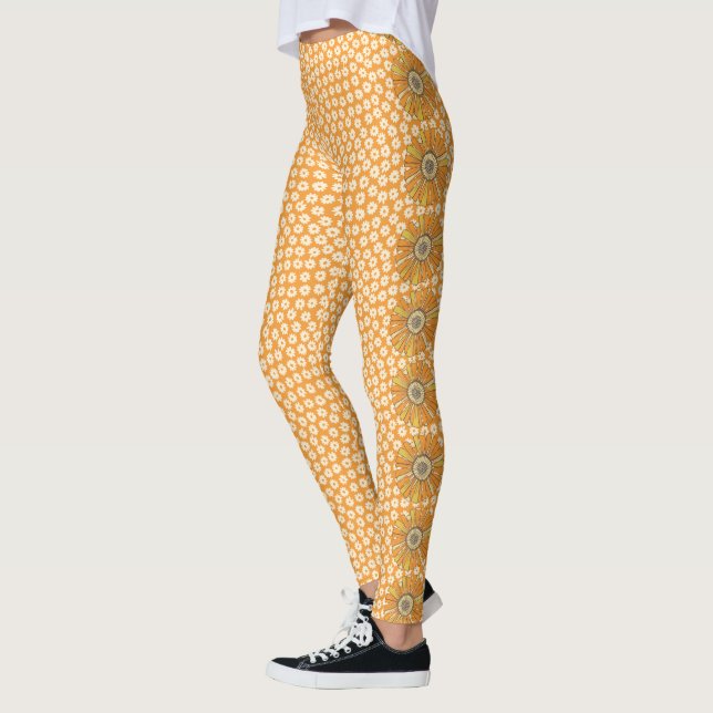 Orange Retro 70s Blombalkar Leggings (Vänster)