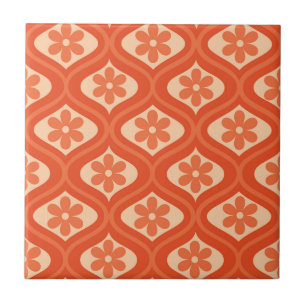 Orange retro 70s blomma på Ogee mönster Kakelplatta