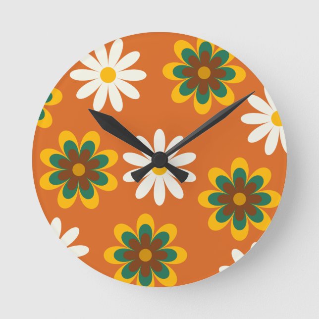 Orange Retro 70s Blommor Rund Klocka (Framsida)