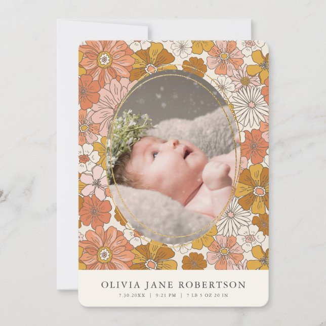 Orange Retro Blommigt Girl Birth Notice Inbjudningar (Framsida)