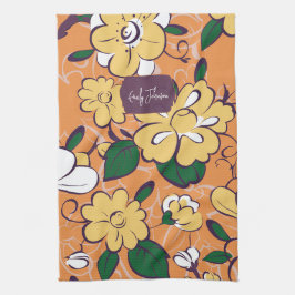 Orange Retro Botanical Yellow Flowers Custom Name Kökshandduk