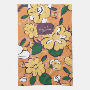 Orange Retro Botanisk Gula Blommor Anpassat Namn Kökshandduk