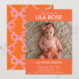 Orange Retro Bow Photo Birth Announcement Card Inbjudningar