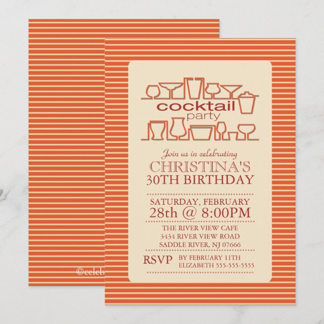 Orange Retro Cocktail-Födelsedagsfest Inbjudningar (Fram/baksida)