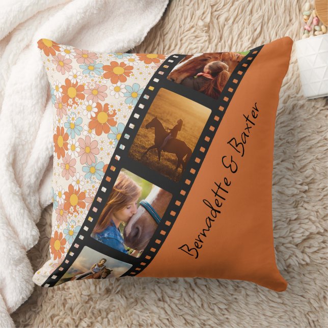 Orange Retro Daisy 4 Photo Horse Collage Namn Kudde (Filt)