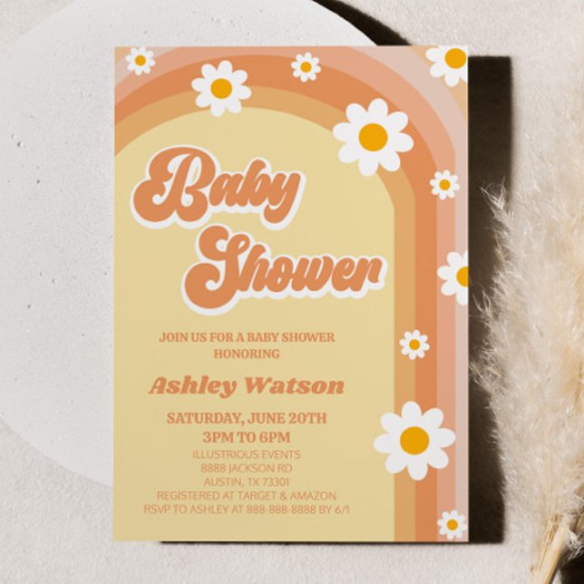 Orange Retro Daisy Blommor Babykläder Inbjudningar (Skapare uppladdad)
