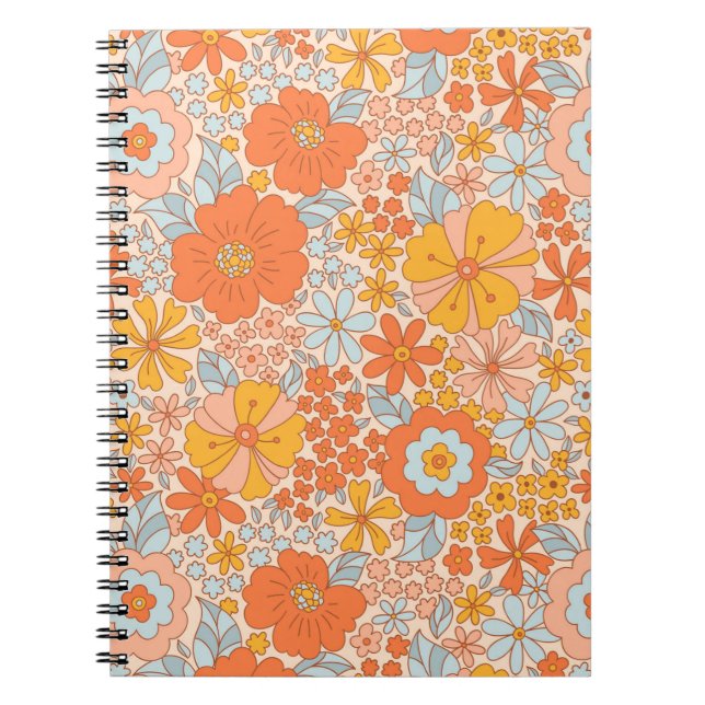 Orange Retro Flower Mönster Anteckningsbok (Framsidan)