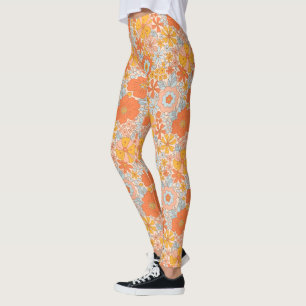 Orange Retro Flower Mönster Leggings