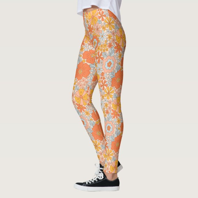 Orange Retro Flower Mönster Leggings (Vänster)