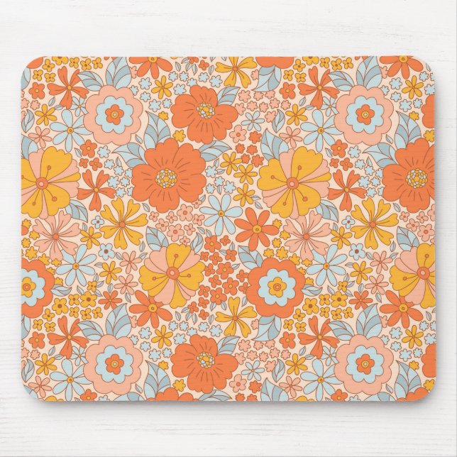 Orange Retro Flower Mönster Musmatta (Framsidan)