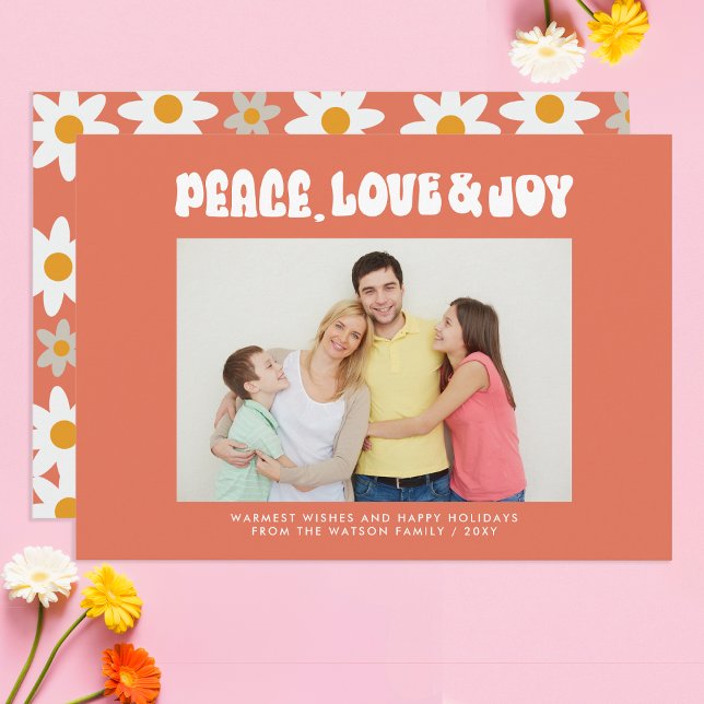 Orange Retro Groovy Peace Kärlek Joy Photo Julkort (Orange Retro Groovy Peace Love Joy Photo Holiday Card)