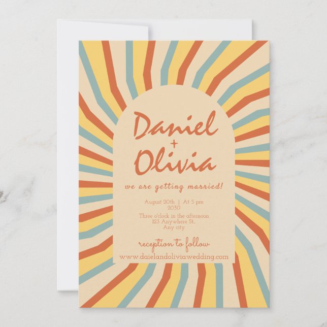 Orange Retro Line med QR Bröllop Inbjudningar (Framsida)