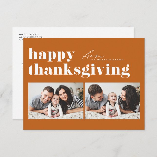 Orange Retro Typography Happy thanksgiving Photo Helg Vykort (Fram/baksida)