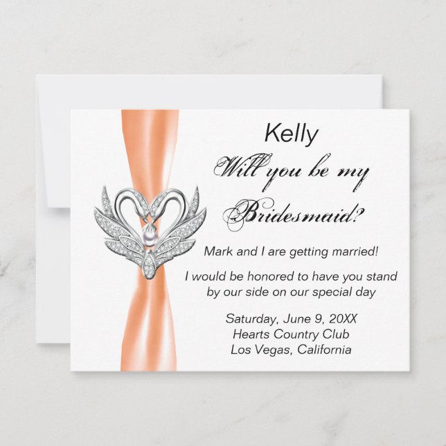 Orange Ribbon Silver Svanar Bridesmaid Card Inbjudningar (Framsida)