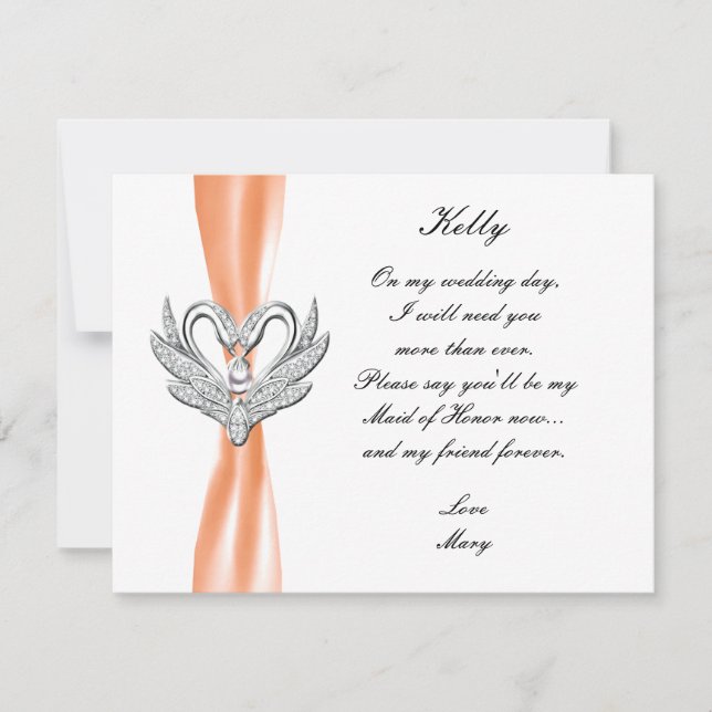 Orange Ribbon Silver Svanar Maid of honor-kort Inbjudningar (Framsida)