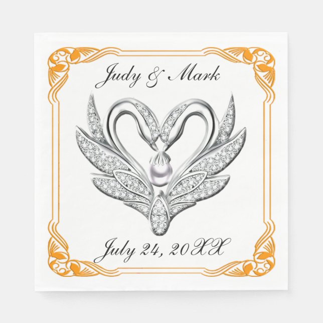 Orange Ribbon Silver Svanar Papper Napkins Pappersservett (Framsidan)