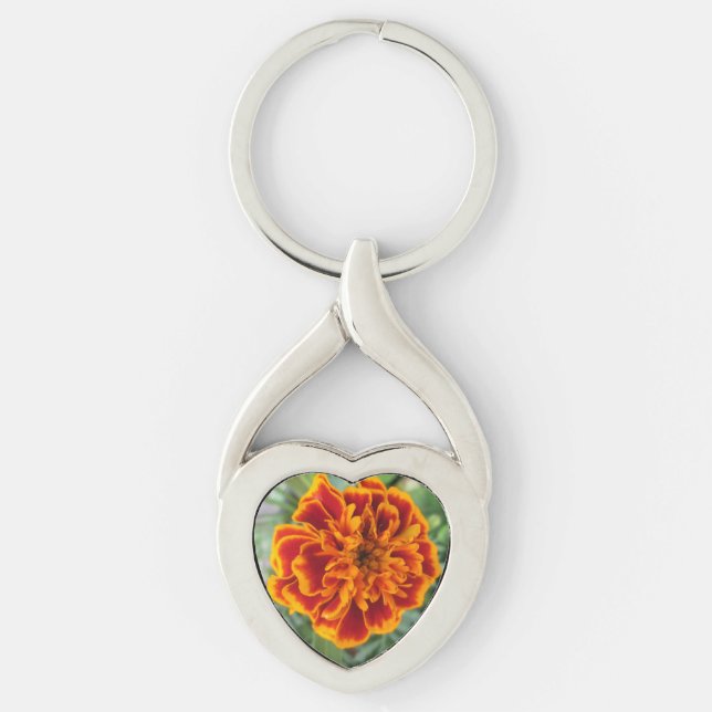 Orange ringblommablomma twisted heart silverfärgad nyckelring (Framsidan)