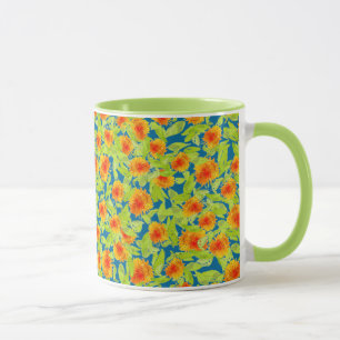 Orange ringblommamönster för chic land på blåt mugg