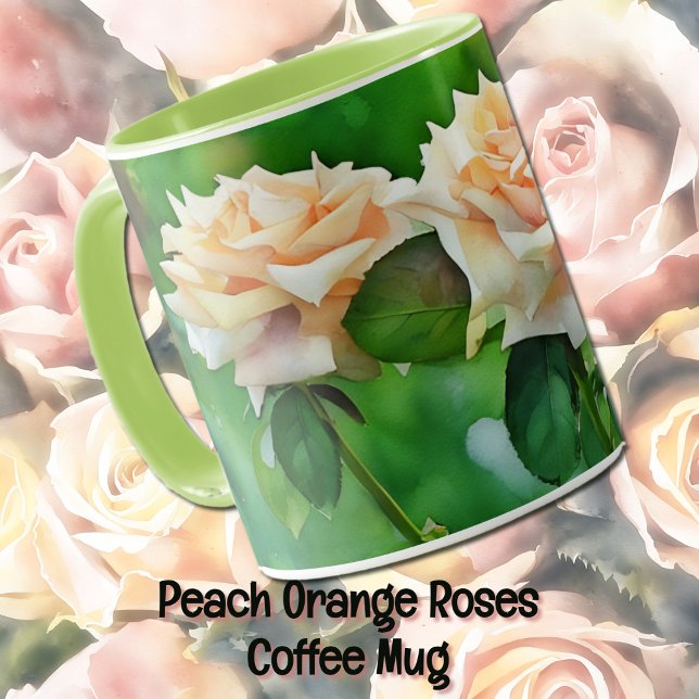 Orange Ro Art Mugg Kopp (Peacy orange roses in a garden and in a watercolor art style.)