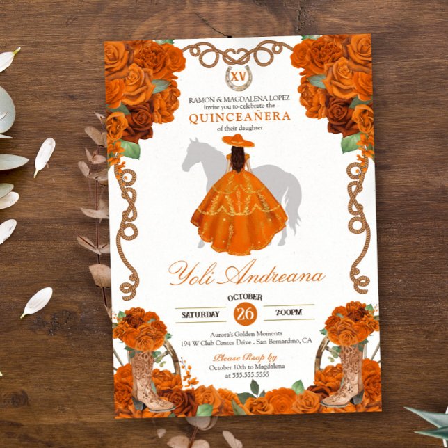 Orange Ro Blommigt Western Charro Quinceanera Inbjudningar (Skapare uppladdad)