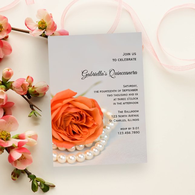 Orange Ro Flower och Pearls Quinceanera Party Inbjudningar (Skapare uppladdad)