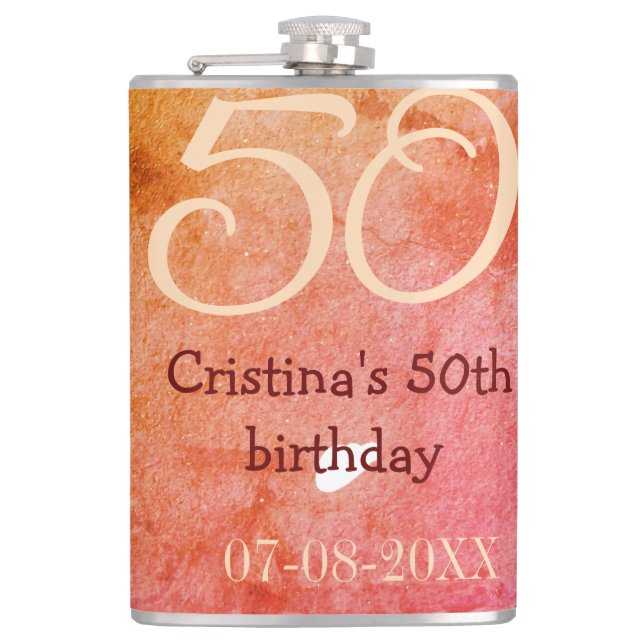 Orange röd 50-årsdag Lägg till namn datum p Fickplunta (Framsidan)