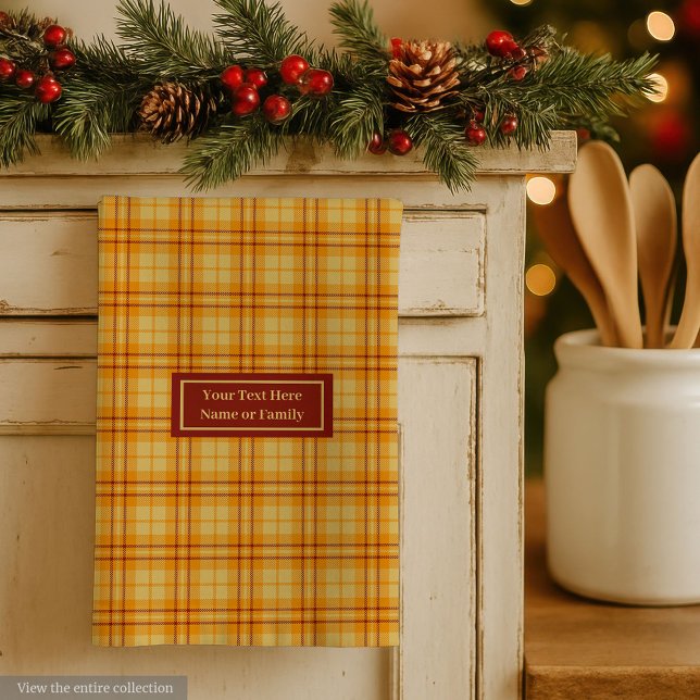 Orange Röd Anpassat Namn Handduk Höstliknande Ruti Kökshandduk (Orange Red Custom Name Hand Towel Autumnal Plaid)