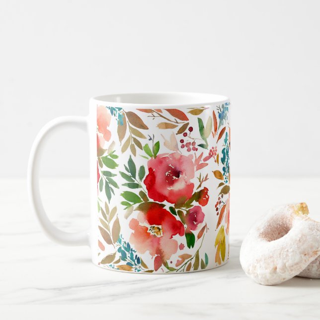 Orange röd färglös sommartid i ro blommigt kaffemugg (Med munk)