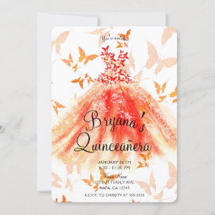 Orange Röd Fjäril Dans Klänning Quinceañera Fest Inbjudningar