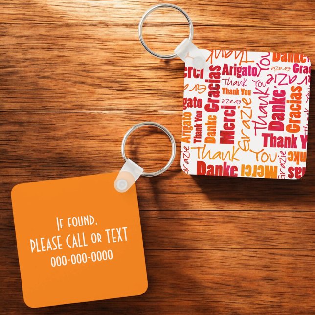 Orange Röd flerspråkig "Tack"-typografi Nyckel Nyckelring (gratitude word cloud key ring front and back with template text)